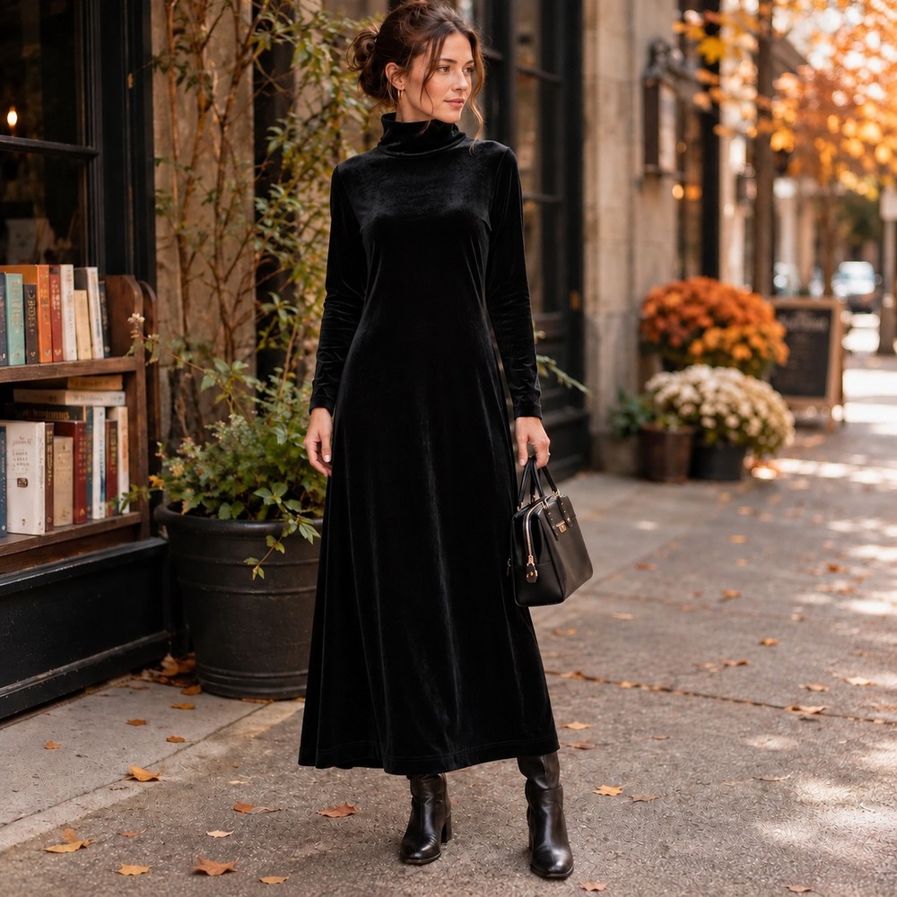 Vintage 90s Valerie Stevens Black Velvet Turtleneck Maxi Dress Petite Small